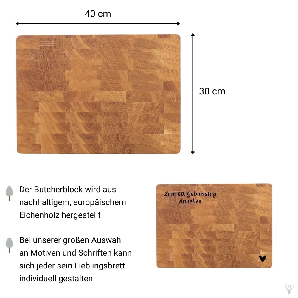 HOFMEISTER® Hackblock Stirnholz personalisierte Gravur - Butcherblock, Schneidebrett, geöltes Eichenholz - individuelles Geschenk, Geburtstag, Jubiläum, Hochzeit, Servierbrett - aus Eiche, 40 cm