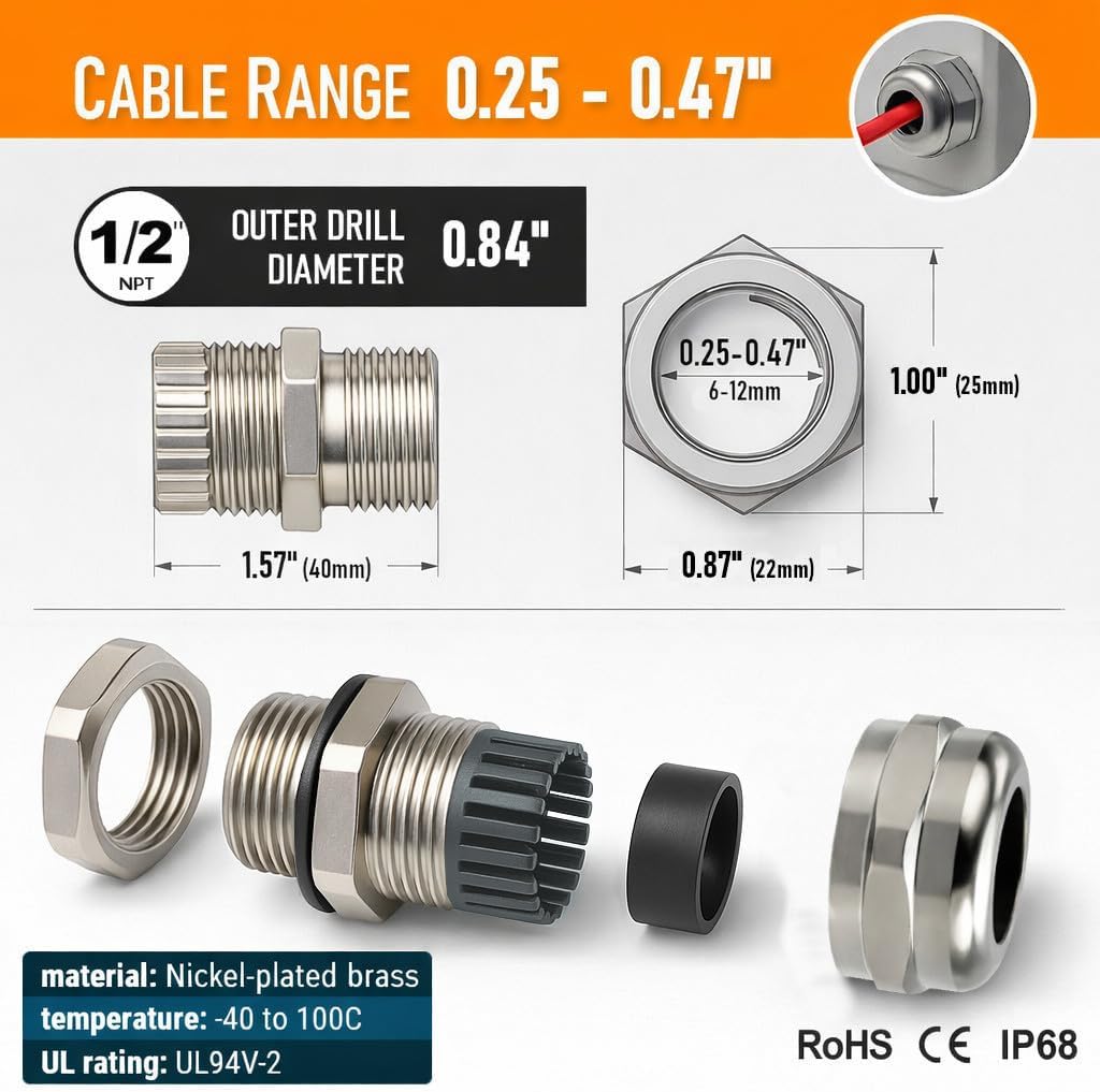 MGI SpeedWare 1/2" NPT Brass Cable Gland, Metal Cord Grip Strain Relief (10-Pack)