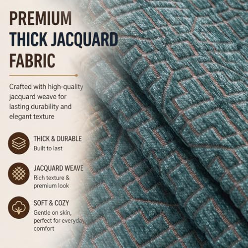 Image of HOKIPO 'Imperial Tassel Series' Thick & Soft Chenille Jacquard Sofa Cover 1 Seater Set for Seat, Back & Arms with Tassels, Muted Turquiose (IN-1009 + IN-1012-I7*2)