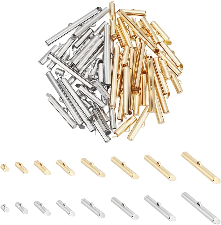 UNICRAFTALE About 64Pcs 2 Styles Stainless Steel Slide On End Clasp 2 Colors Tubesr End Caps Crimp End Tube Buckle Clasps for Bead Looms Seed Bead Multi-Strand Necklace Jewelry Making 8.5~40 mm