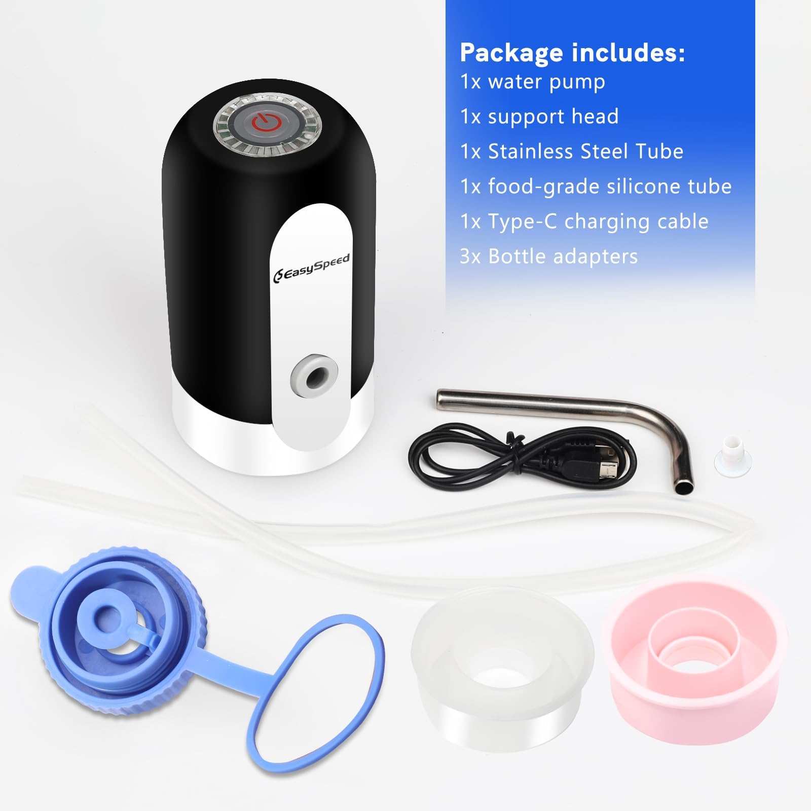 Water Dispenser for 5 Gallon Bottle Portable Electric Water Pump with 3 Adapters USB-C Charging Battery Powered Automatic Drinking Water Dispenser for Camping, Travel, Office,Black - 5