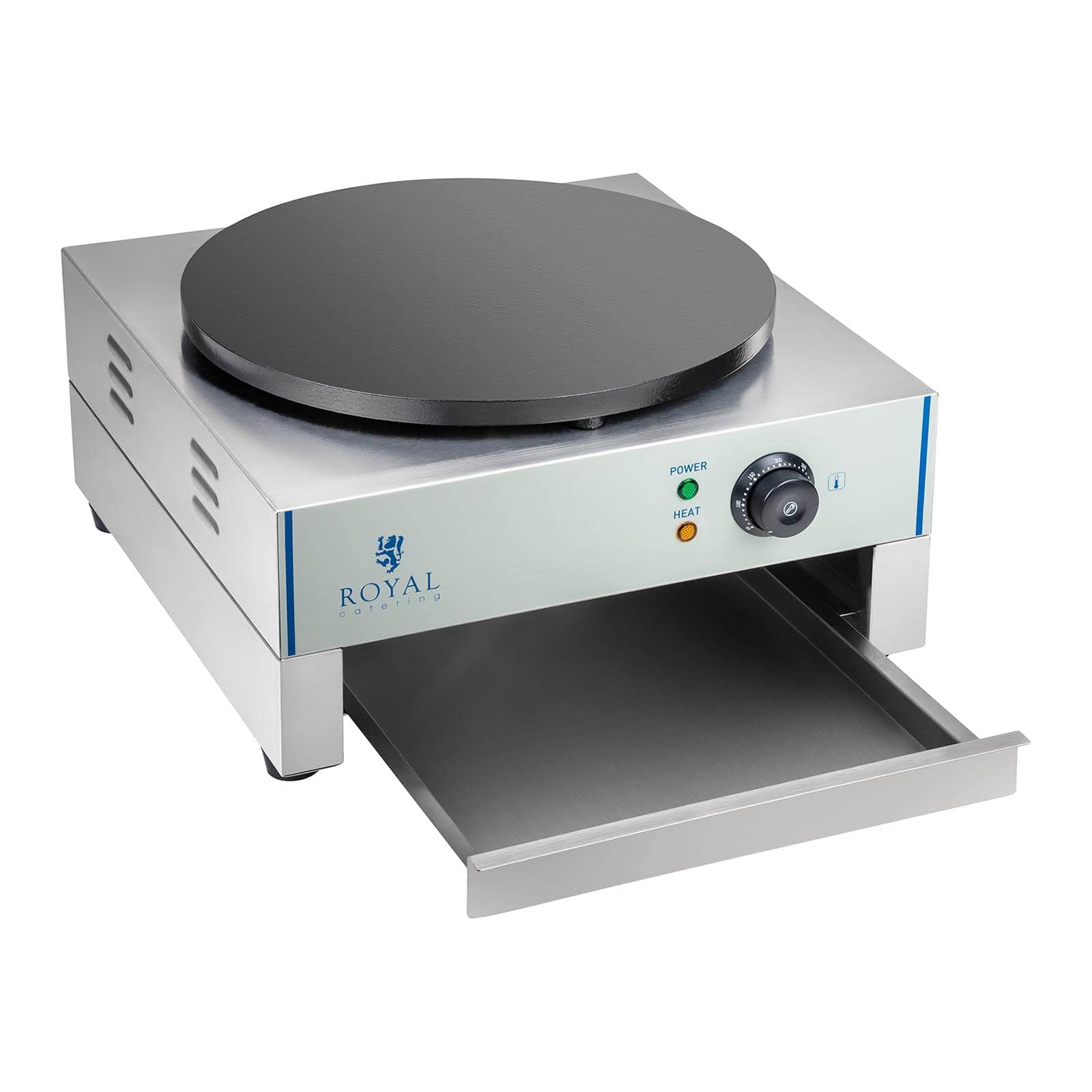 Royal Catering RCEC-3000-E Crepes Maker Crepeseisen (Ø 40 cm, 3.000 W, Gusseisen mit Emaillebeschichtung, Edelstahl, herausziehbares Fach + Teigverteiler)