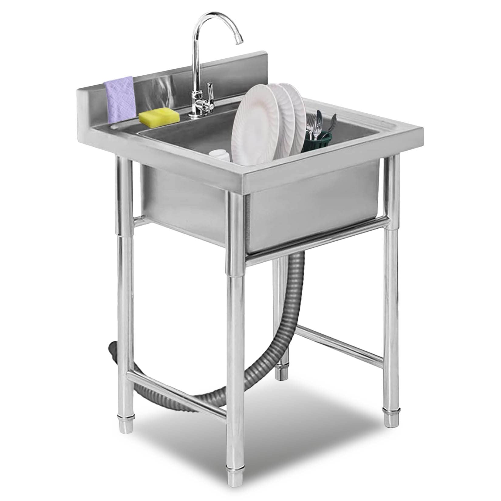 HCZKIUJY Kitchen Utility Sink,Single Bowl Commercial Restaurant Sink, Stainless Steel Kitchen Sink with Faucet + Backsplash, Freestanding Utility for Indoor Outdoor (23.6x23.6x31.4in)