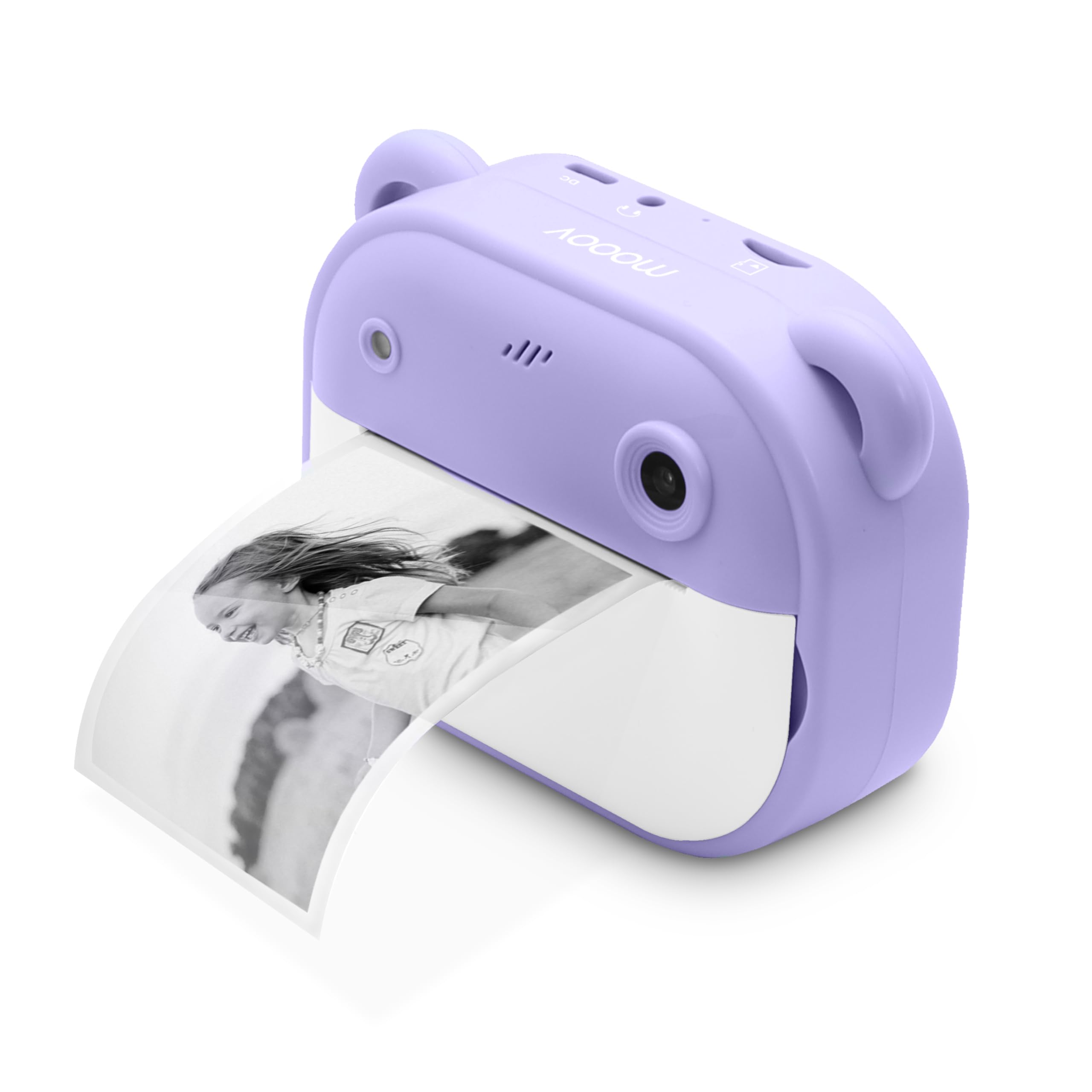 Mooov 477523 - Camara Fotos Infantil instantanea, 2,4’‘ Full HD/HD, cámara Fotos Infantil para niños y niñas, 18 Efectos/Marcos, 5 Juegos, 2 Rollos de Papel fotográfico de impresión, Lila