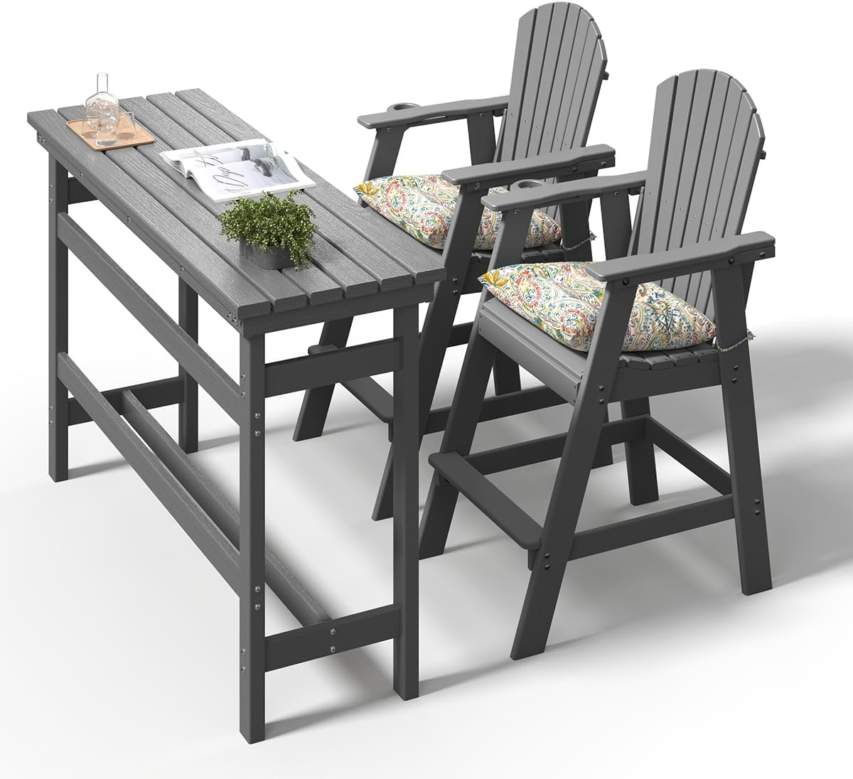 Sundale Outdoor 5 Pieces Adirondack Bar Set, Patio Counter Height Adirondack Chairs Set of 4 and Round Table, High Top HDPE Stools and Pub Table, Tall Bistro Dining Furniture Set for 4, Navy Blue