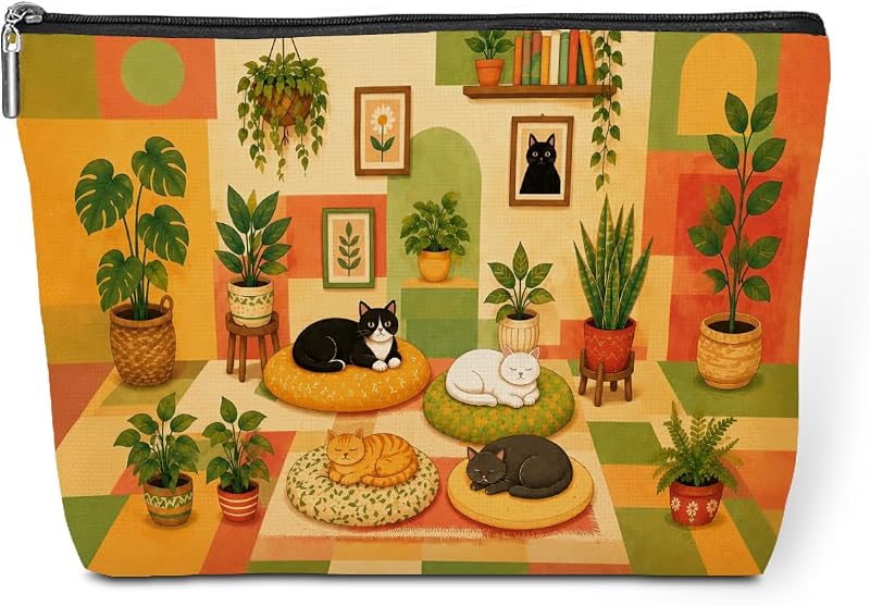 Necessaire jeilink com estampa botânica de gatos Cats Plant 1769 e zíper, Pacote com 1