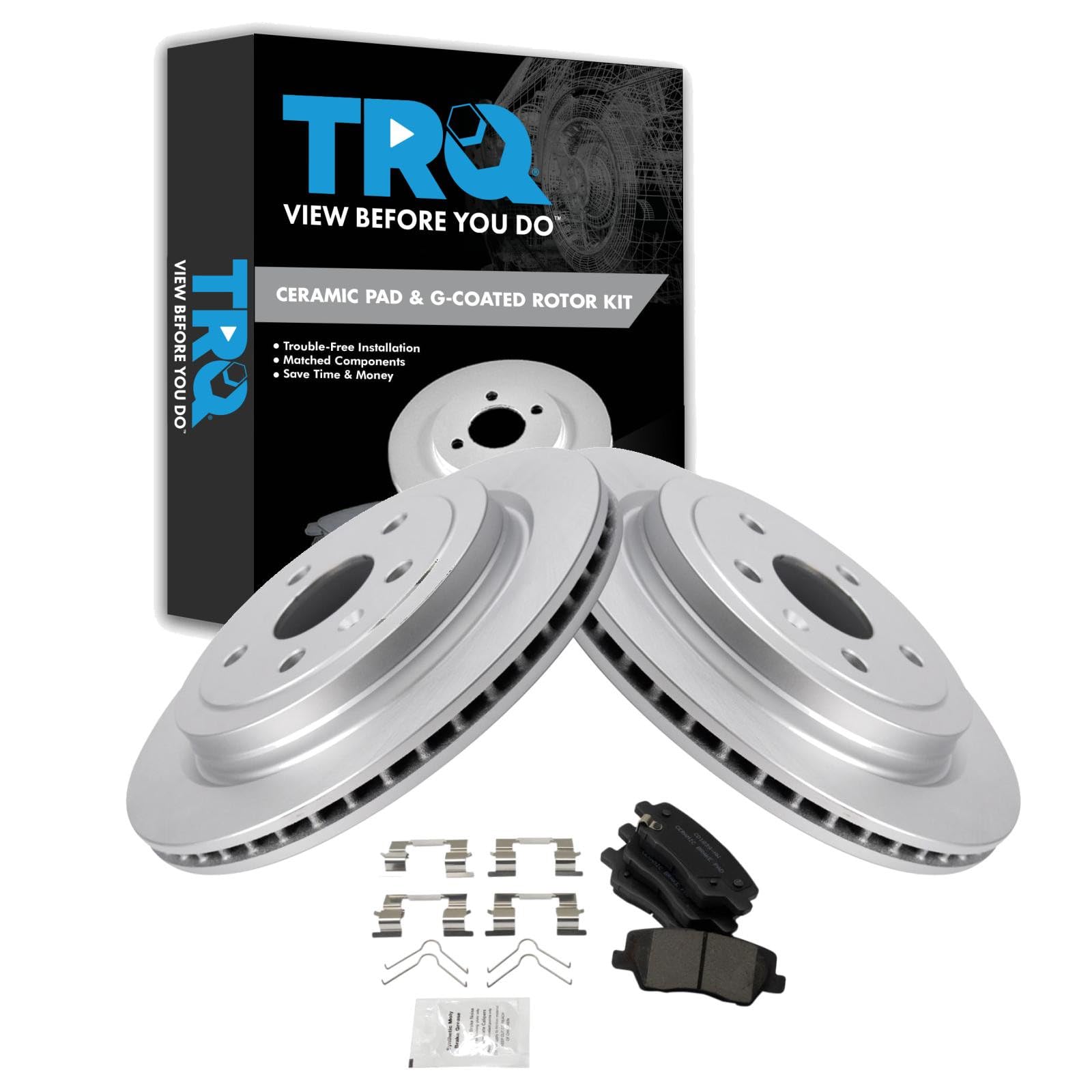 TRQ Rear Brake Pad and Rotor Set Ceramic Coated Rotors Compatible with Brake Code JE5 2014-2018 Cadillac CTS