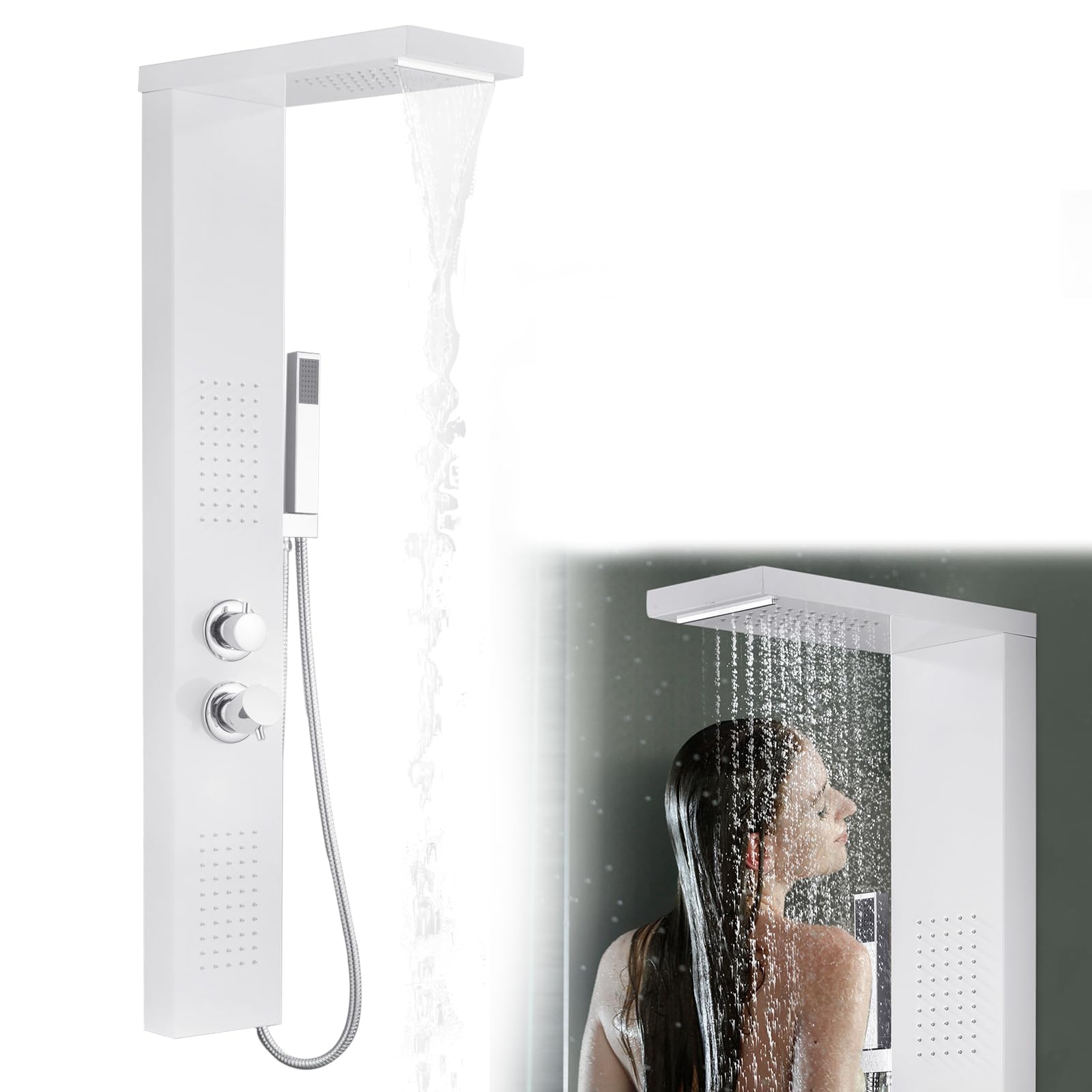 FIVMEN Sistema de ducha multifuncional con 4 funciones, acero inoxidable 304, ducha con efecto lluvia, ducha de mano, ducha de masaje, ducha cascada, columna de ducha interior/exterior, juego de