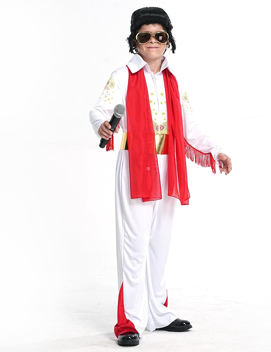 Luming Boy's Dance Costumes 5 Pieces Set:Jumpsuit Belt Scarf Wig Sunglasses- Boy Kids Halloween 70's 80's Outfit Costume - Image 10