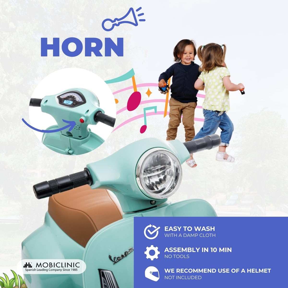 Mobiclinic® Kids, Moto eléctrica niños, Licencia Oficial Vespa Piaggio, Motor 30w, Roma, Luz led, Antivuelco, Velocidad 2, 5 km/h, Botón Musical, 18-36 Meses, Batería 6v, Acelerador, Carga 25 kg