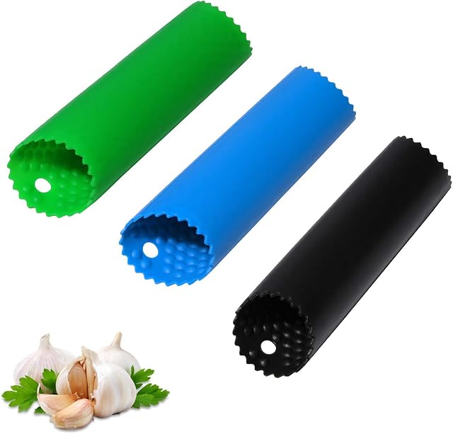 Sinnsally Garlic Peeler Skin Remover Roller,Easy to Peeled Garlic Cloves with Silicone Rubber Tube Roller Kitchen Garlic Tools Peeling Without Smell with Internal Wave Points Design (3 Colors)