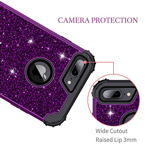 Lontect For Iphone 8 Plus Case, Iphone 7 Plus Case Glitter Sparkle Bling Heavy Duty Hybrid Sturdy High Impact Shockproof Protective Cover Case For Apple Iphone 8 Plus/Iphone 7 Plus, Shiny Purple/Black #TOP4