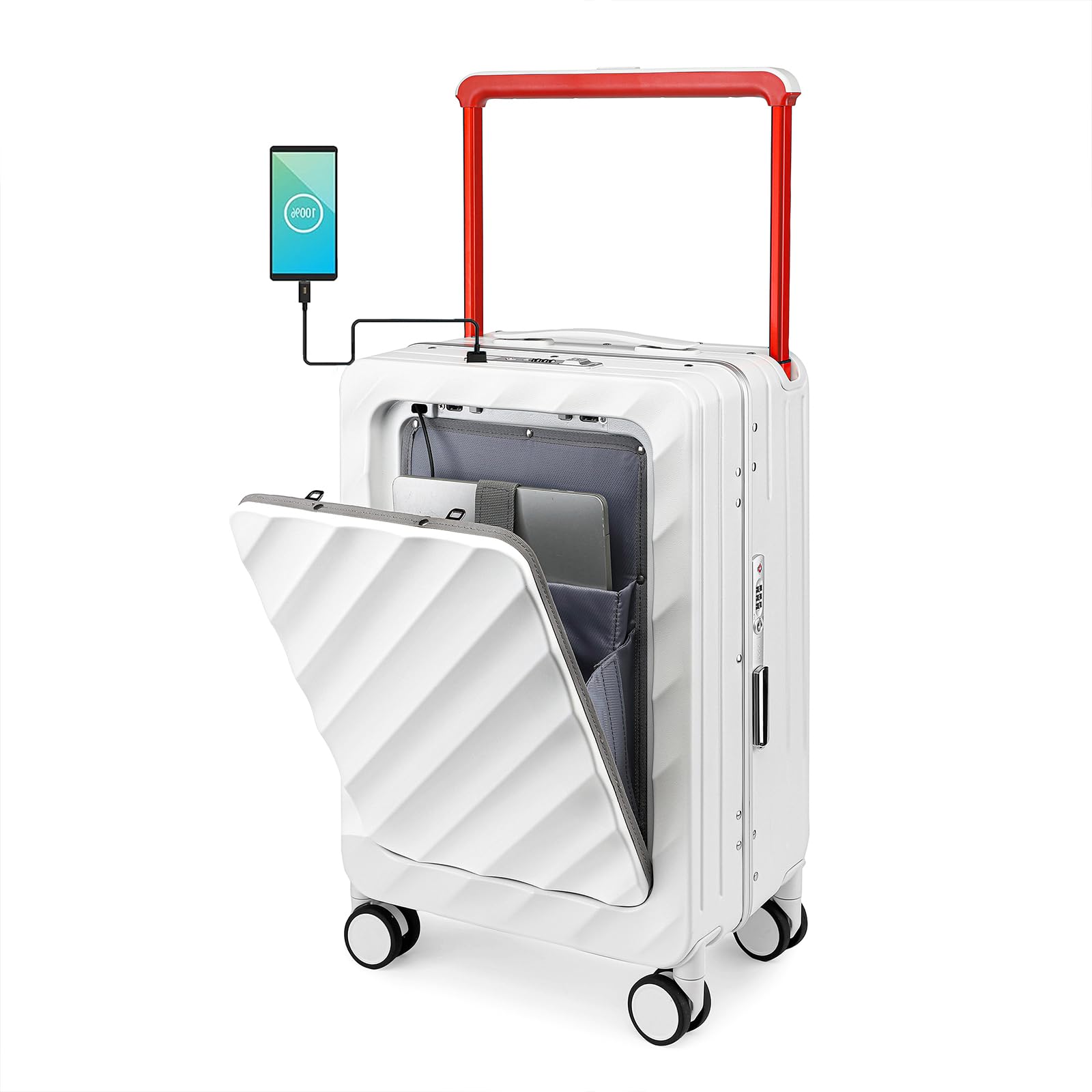 Somago20inch Carry On Luggage Wide Handle Airline Approved Aluminum Framed Travel Suitcase PC Hardshell with USB Charging Port Front Compartment No Zipper Suitcase with Wheels(White)