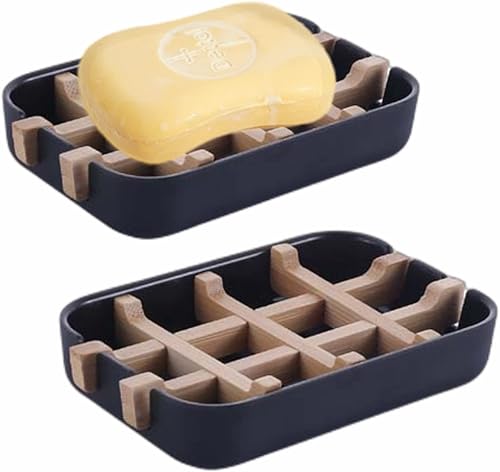 Jabonera de bambú, jabonera autodrenante para ducha, baño, fregadero, cocina, ahorradores de jabón de madera ecológicos, soporte de jabón de Negro