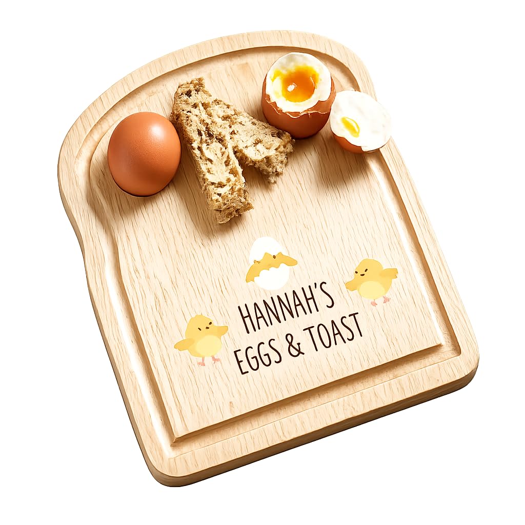 Just Giftz Personalised Egg & Toast Board – Handmade Wooden Dippy Egg Cup & Soldiers Server – Custom Engraved Breakfast Board – Gift for Kids, Parents & Grandparents