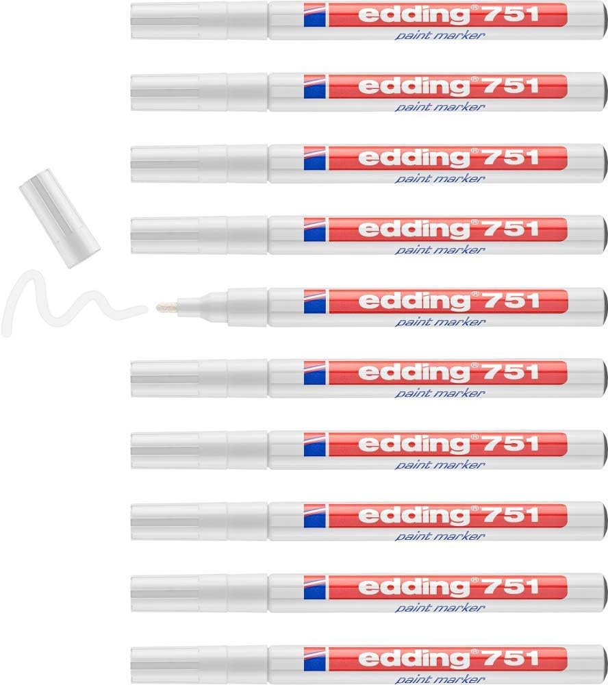 751 paint marker - white - 10 pens - round tip 1-2 mm - paint marker for marking and labelling metal, glass, rocks or plastic - heat-resistant, permanent, smudge-proof and waterproof