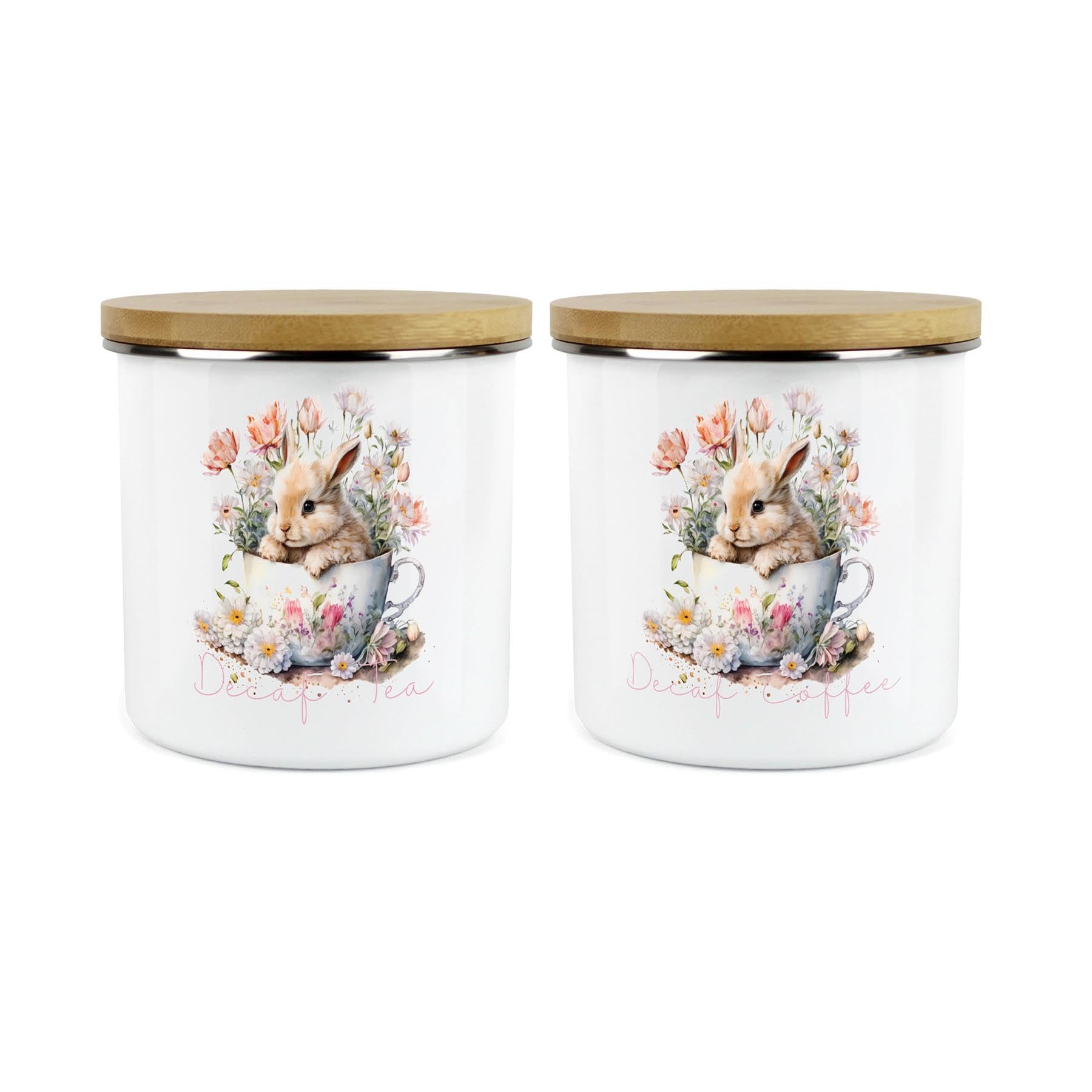 Purely Home Bunny Rabbit Kitchen Storage Canisters - Teacup Bunny Decaf Tea & Decaf Coffee Containers - Metal Enamel Hot Drinks Storage Gift Set of 2