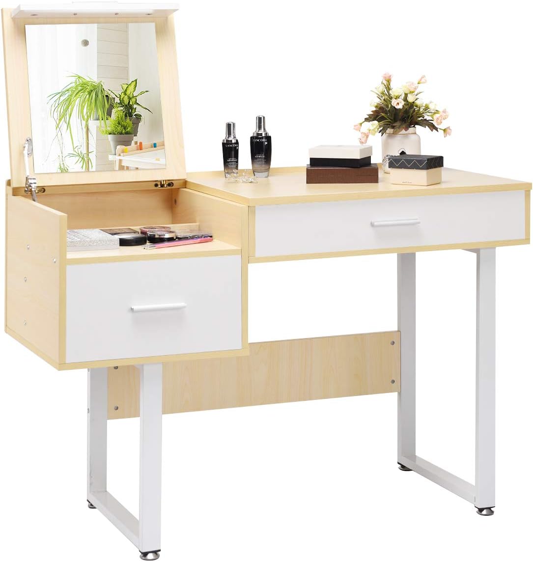 CHARMAID Makeup Table Writing Desk with Flip Top Mirror, Vanity Table with 5 Storage Compartments, Dressing Table Computer Laptop Desk with 2 Large Drawers for Students Girls Women