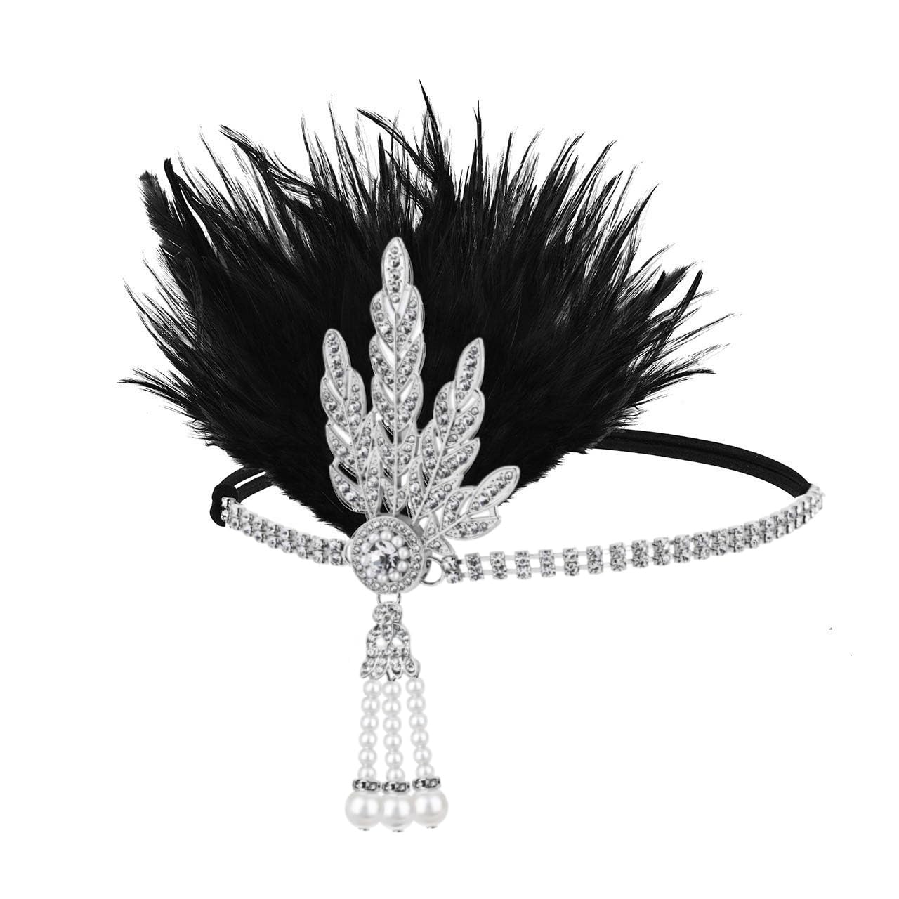 1920s Great Gatsby Accessories Headband Flapper Headpiece Women Gatsby Headband Feather Headpiece Vintage Themed Party Halloween Costume Roaring Fascinator Flapper Girl Hat Silver Leaves Pearl Tassel