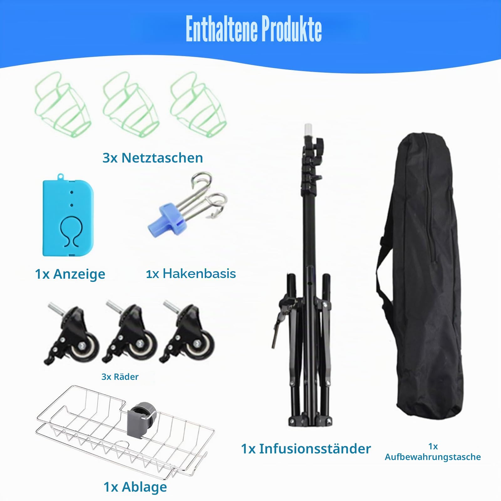 Tragbarer Infusionsständer, Verstellbarer Infusionsständer mit Rollen, Infusionsständer Klein Klappbar mit 4 Haken 3 Netztaschen Ablagekorb und Alarm