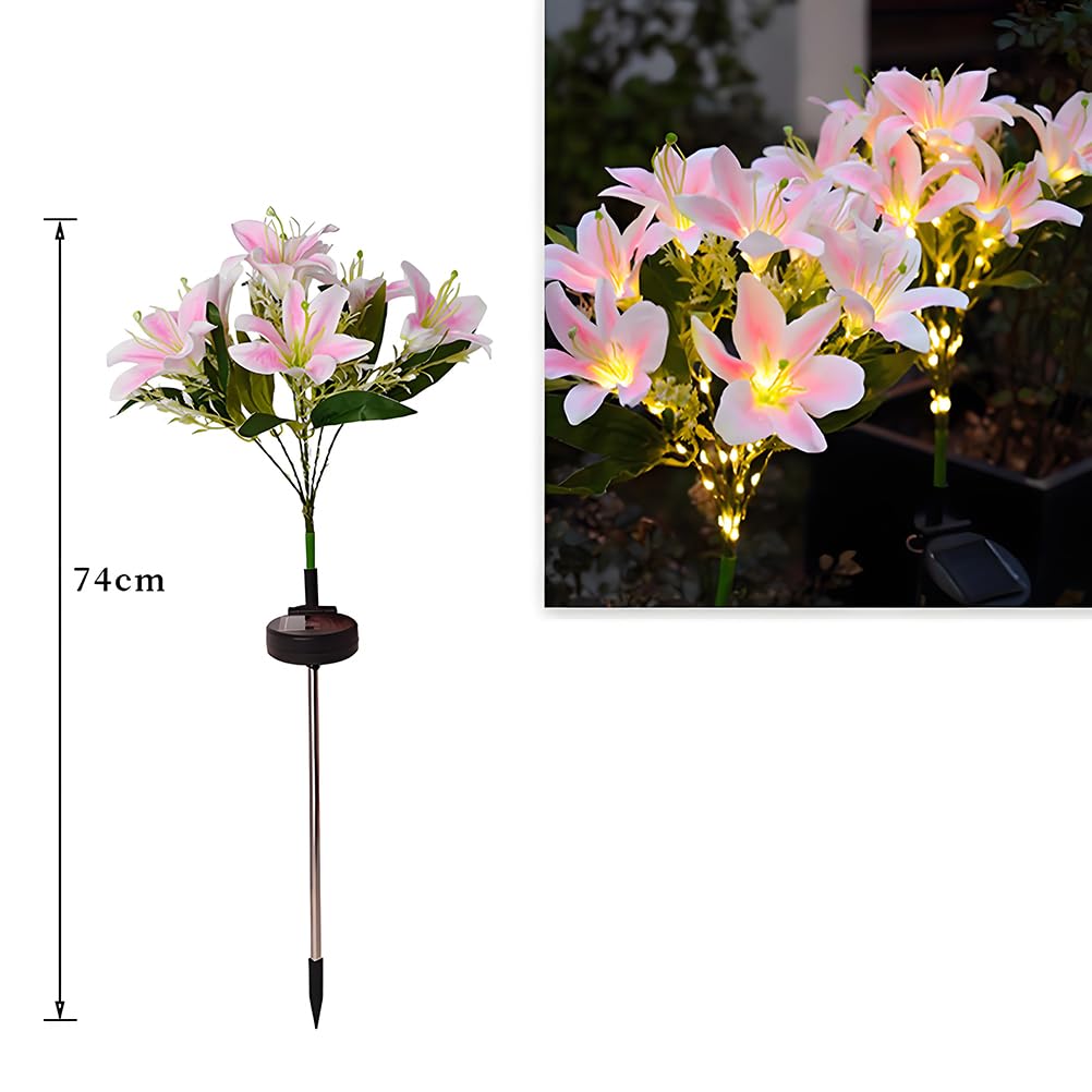 AoLa Confezione da 2 luci solari da giardino per uso esterno, lampada solare LED forma di giglio impermeabile IP65 con spina di terra luce a forma di fiore simulato decorazione, luce calda,Rosa