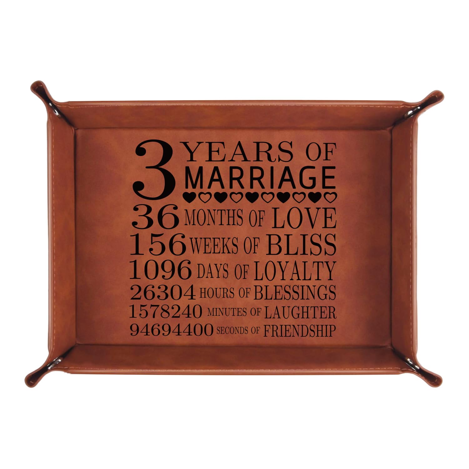 3 Years Anniversary,Leather Tray Engraved Personalized Tray, for him, Husband, Wife 3 Years Together Keepsake Gift for Couple Christmas,Valet Desktop Storage Organizer (3 Years)