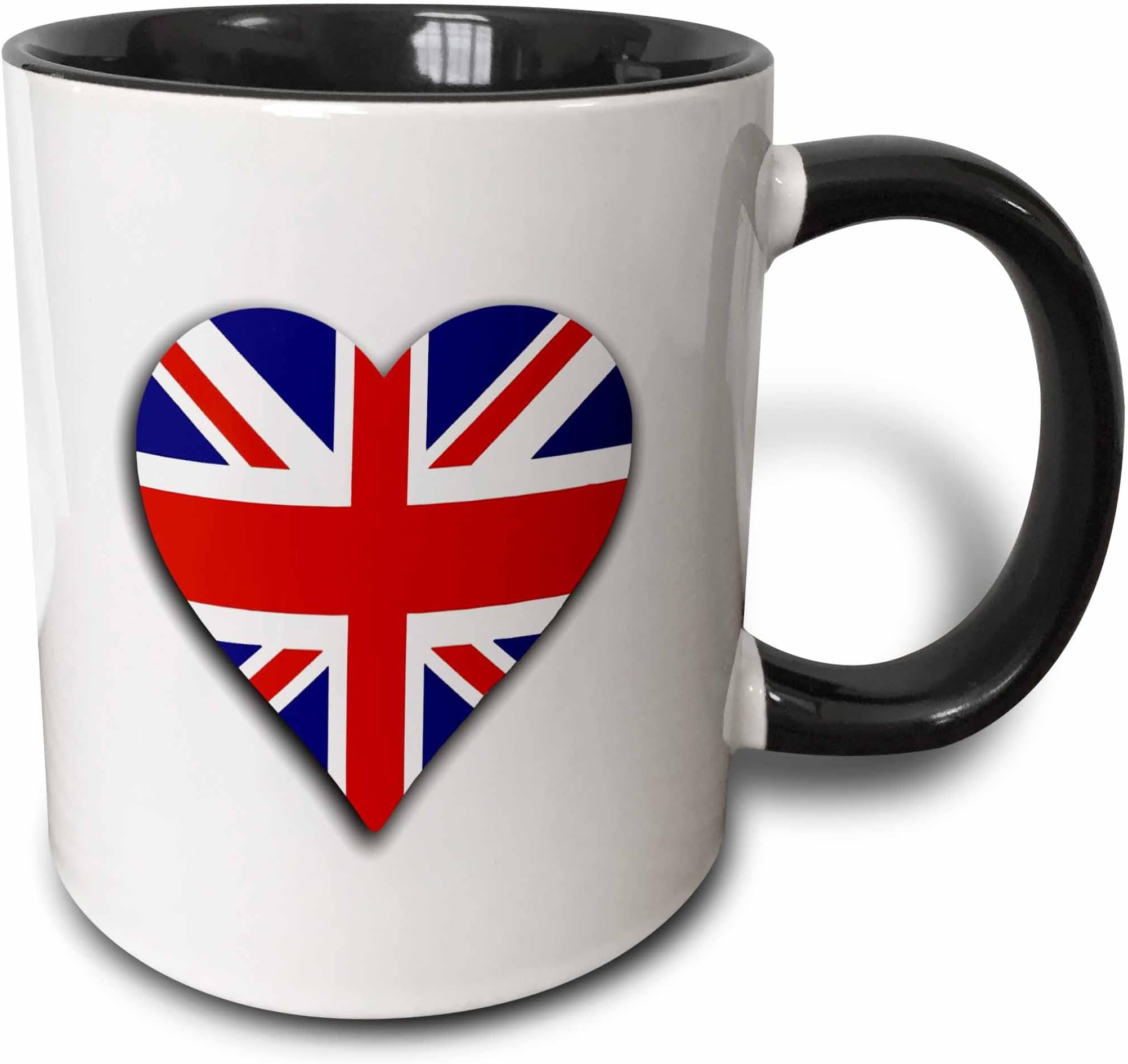3dRose British Flag Heart - UK Union Jack for England and Great Britain fans 11oz Two-Tone Black Mug