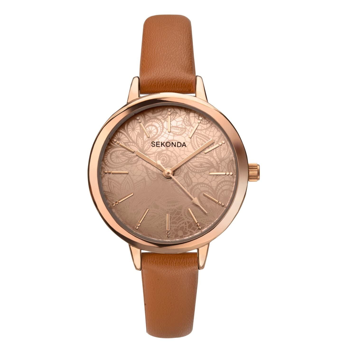 SekondaFashion Watch, Grey Sunray dial with Floral Lace Pattern in Various Strap Styles, Brown, strap