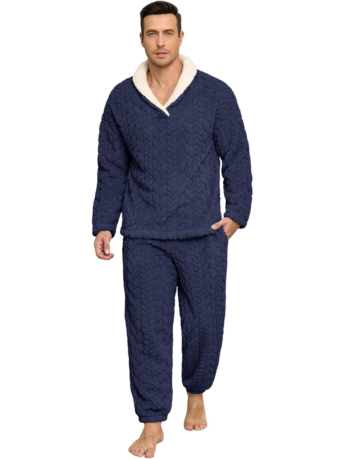 Lonya Schlafanzug Herren Lang Flauschig Winter 2 Stück Pyjama Set