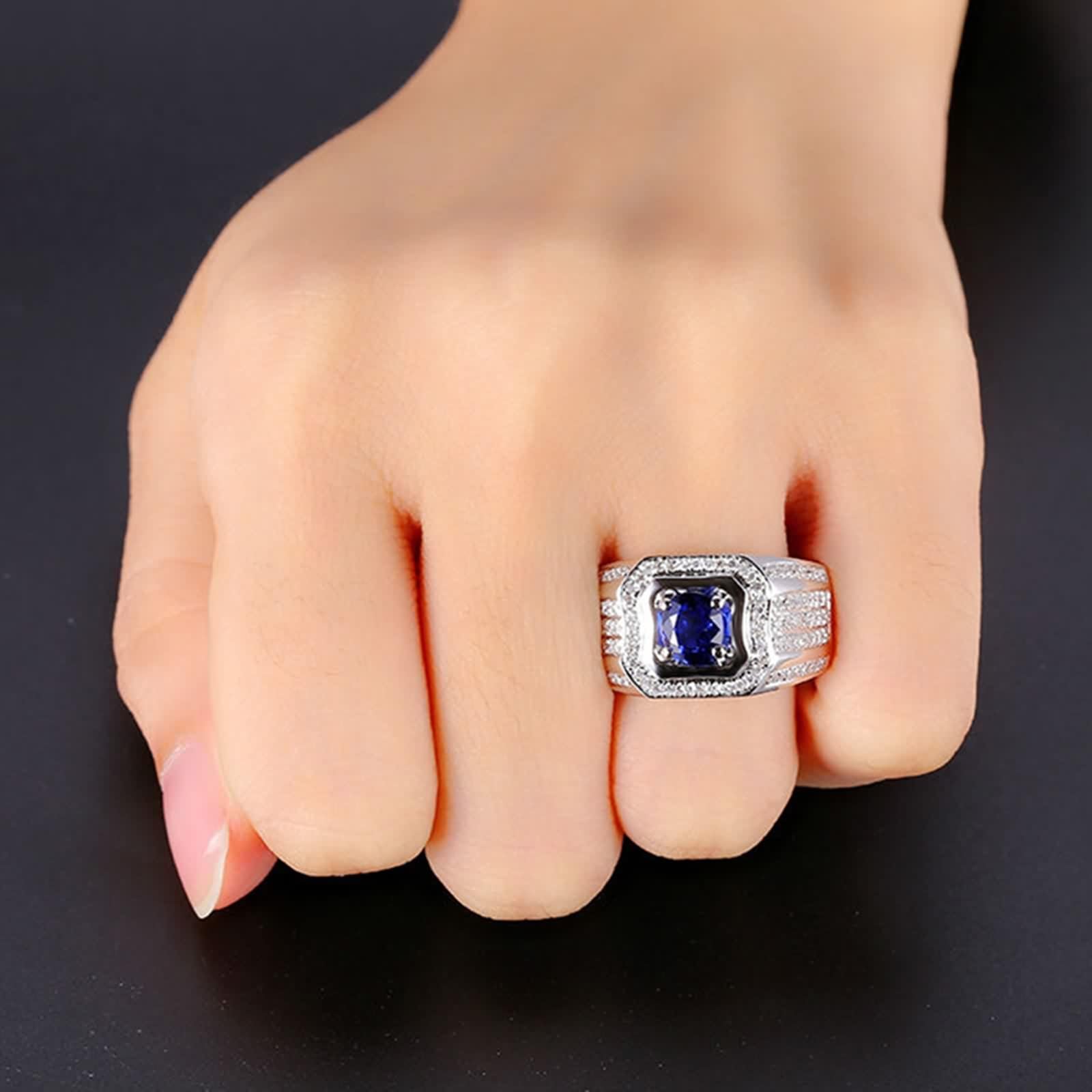 Anillo Hombre Boda, Anillos Oro 18K Hombre Azul 1.23 Kilates Zafiro Creado En Laboratorio Cuadrado Oro Blanco 750 con Moissanita Talla 25