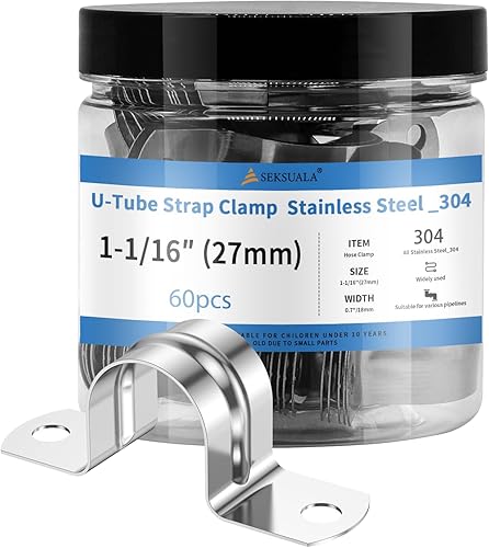 Miniatura 10 de 24 piezas 1 1/2 pulgadas (40 mm) abrazaderas de conducto de acero inoxidable 304, correa en U para tubo, abrazadera de tubo, correa de dos agujeros