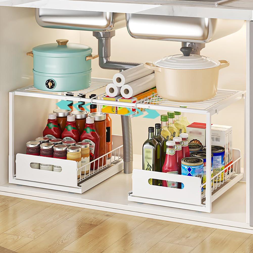 YunNasi Organizador Bajo Fregadero, Armario 2 Niveles Metal Ampliable Estantería Bajo Fregadero, Bandeja Extraible Mueble Almacenaje para Cocina Baño (Blanco, A-Estilo)