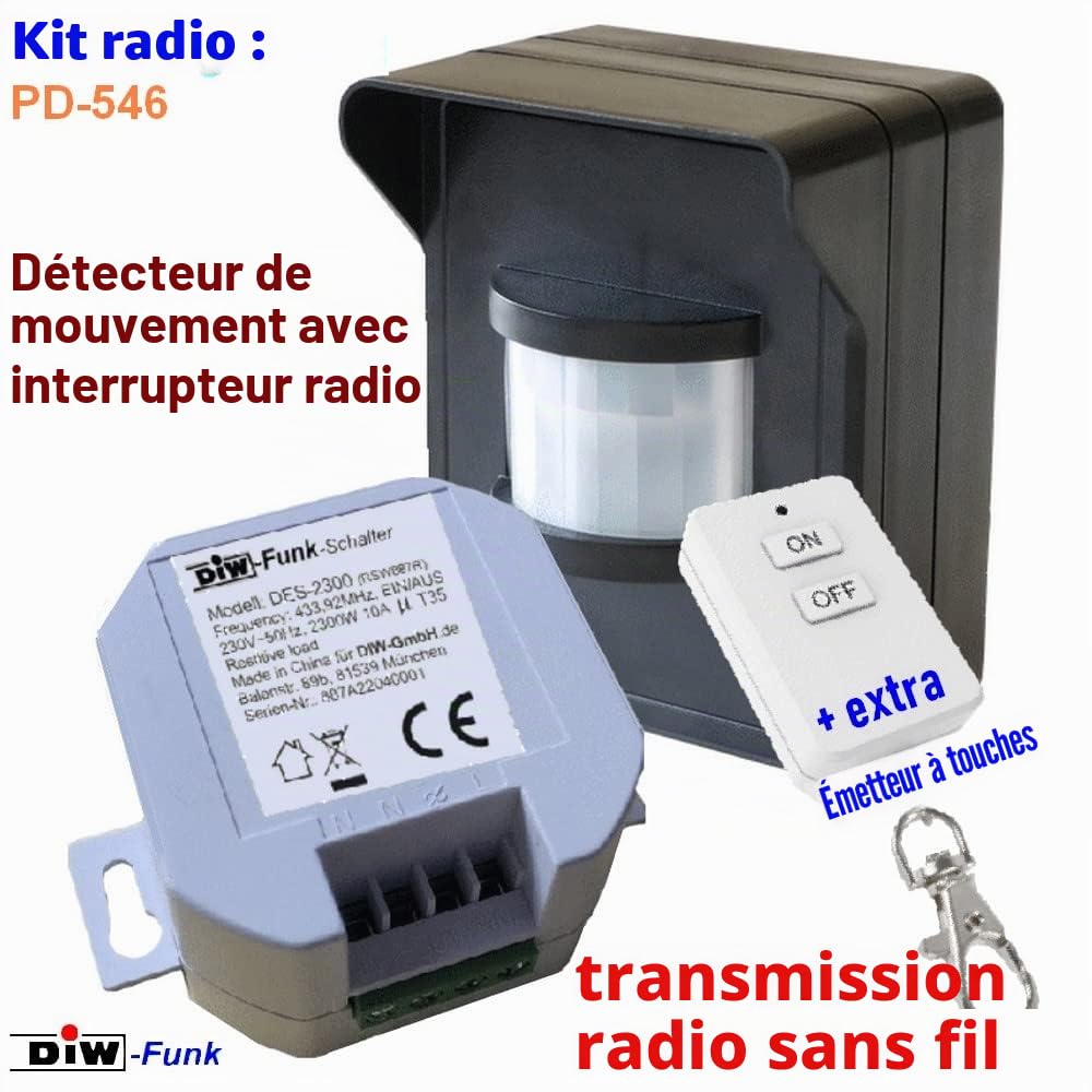PD-546 DIW-Funk Kit détecteur de mouvement IP44 avec récepteur sans fil encastrable 230 V + interrupteur sans fil
