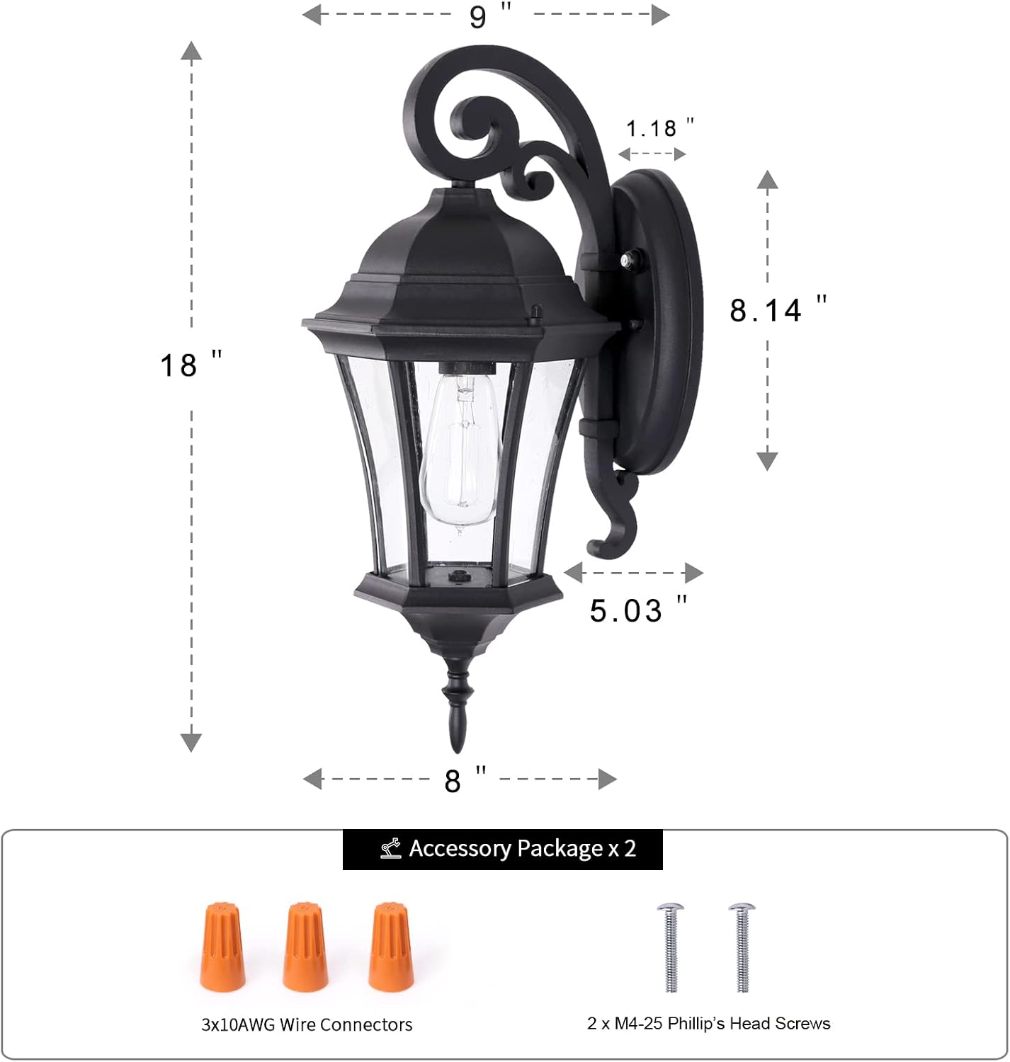 18in High Large Outdoor Porch Wall Lantern Dusk to Dawn Sensor Exterior Doorway Black Coach Wall Mount Light for House, Photocell Sensor Outside Entrance Wall Sconce for Yard Garage, 2 Pack