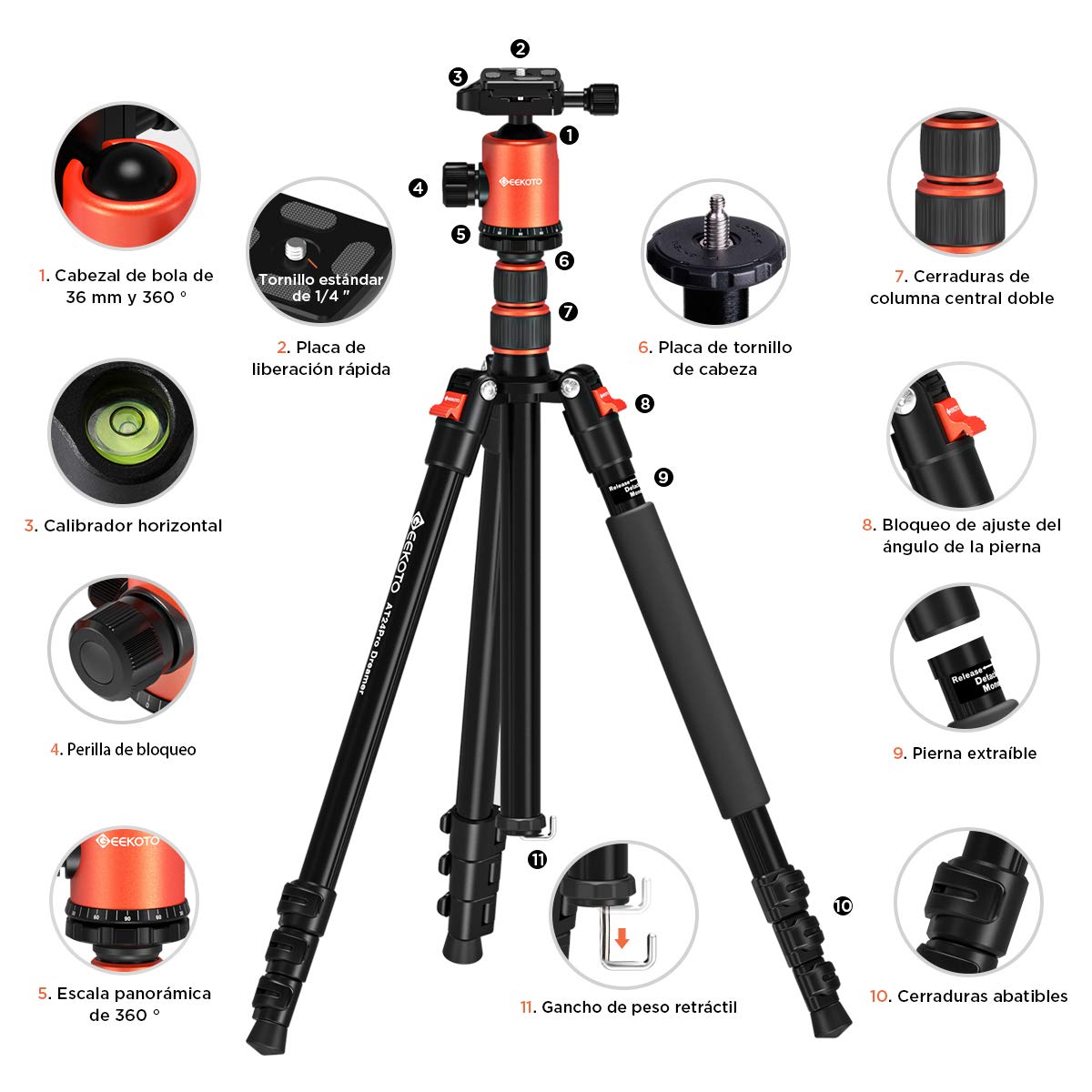 Trípode Cámara GEEKOTO, 195cm Trípode Fotografía Monopie Aluminio con 360° Rótula de Bola Panorámica 1/4" Placa Rápida Liberación y Bolsa de Transporte para DSLR Canon Nikon Sony Cámara