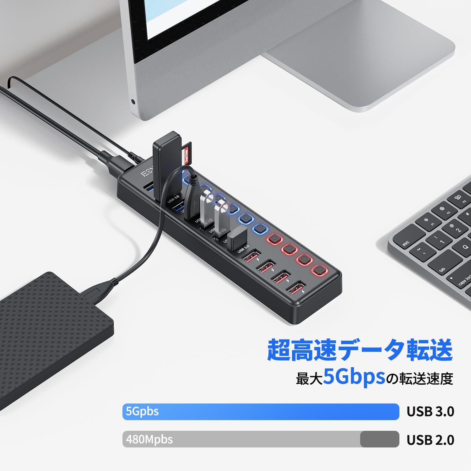Amazon | JESWO USBハブ 電源付き USB3.0ハブ 7ポートの 拡張+ 4充電 