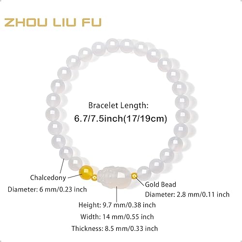 Miniatura 2 de Pulseras de oro de 18K con cuentas de calcedonia, pulsera con amuleto Pixiu, pulsera elástica natural con cuentas redondas de calcedonia