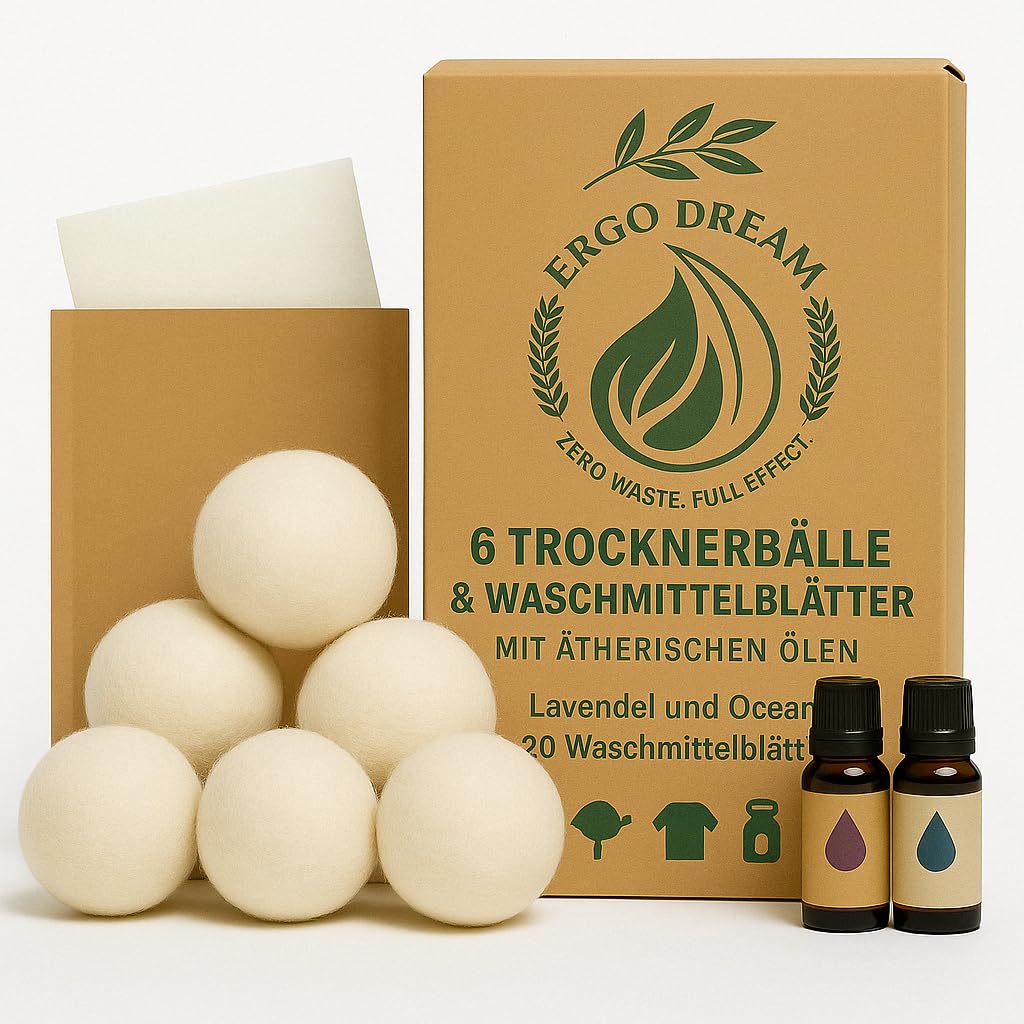Öko Trocknerbälle XXL – 6x Trocknerbälle für Wäschetrockner aus 100% Neuseeland-Wolle, inkl. Wäschedüfte, 20 Waschstreifen & Aufbewahrungsbeutel, Natürlich, wiederverwendbar & plastikfrei