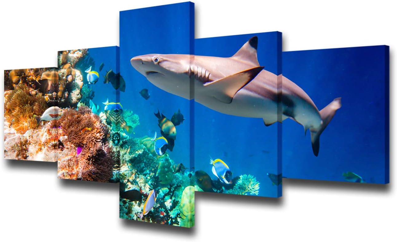 House Decorations Living Room Sharks and Many Small Fishes Pictures Blue Undersea Paintings 5 Panel Coral Canvas Wall Art Seascape Artwork Framed Giclee Ready to Hang Poster and Prints(50''Wx24''H) 50WX24H Artwork-29