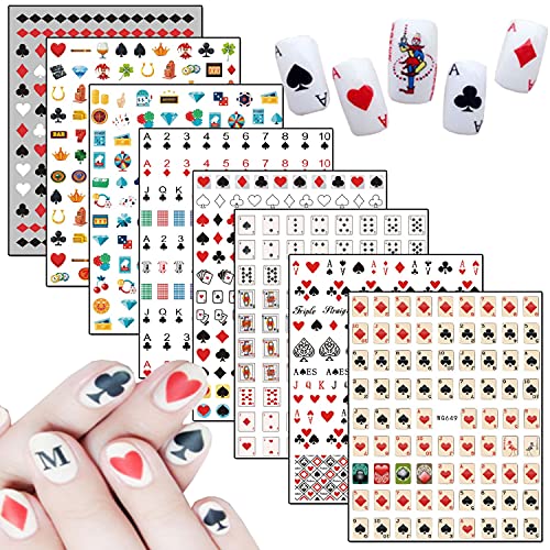 8 Sheets Playing Cards Nail Art Stickers 3D Self-Adhesive Sticker Interesting Nail Decals Design Holographic Acrylic Nails Supplies for Women Girls Manicure Tips Charms Decoration DIY Nail Accessories