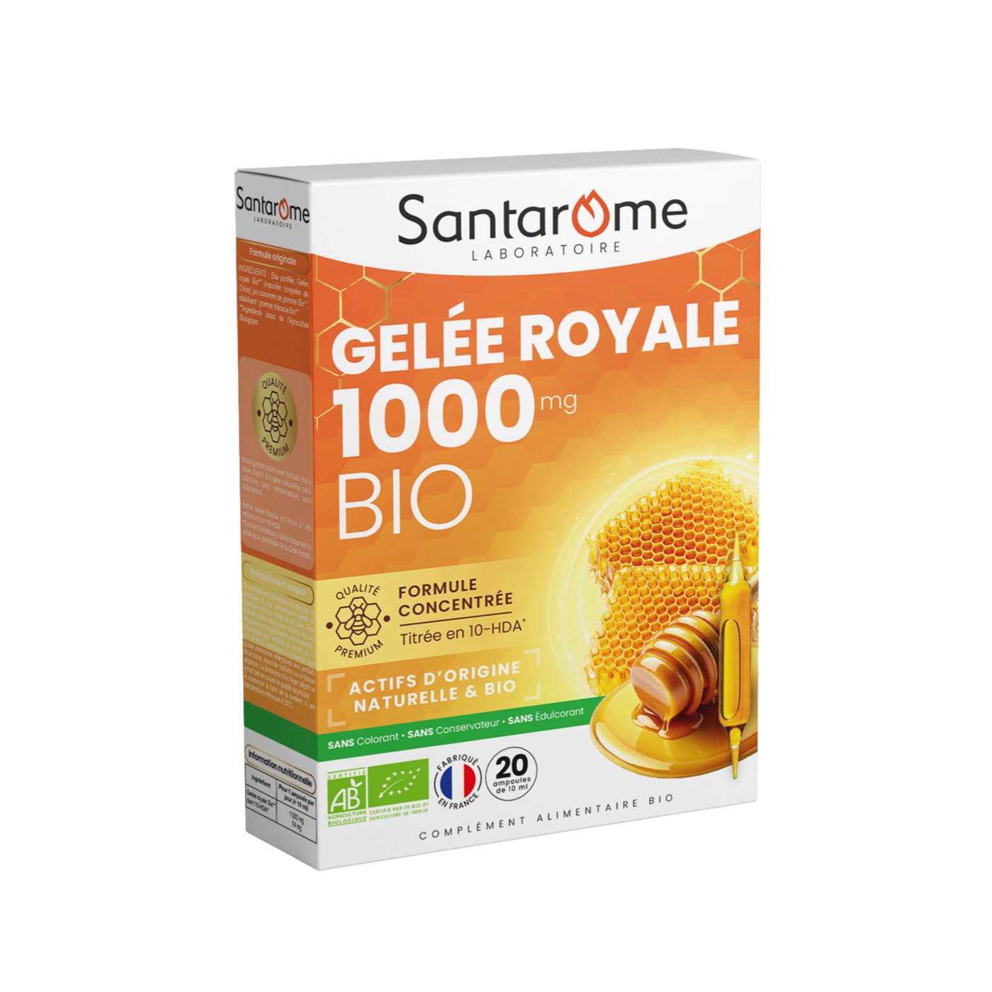 Santarome - Ruche Royale - Gelée Royale 1000mg Bio - Complément alimentaire immunité - Formule titrée en 10-​HDA - 20 ampoules - Made In France