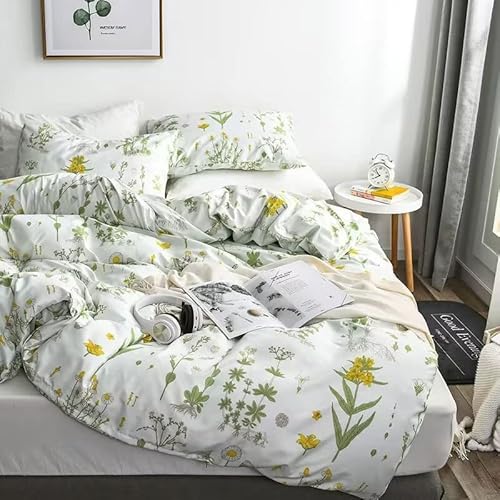 Fire Kirin Botanical Duvet Cover Set 3Pc(1 Duvet Cover + 2 Pillowcases) Yellow Flowers And Green Leaves Floral Garden Pattern Printed Bedding Cover Sets (Queen) #TOP2