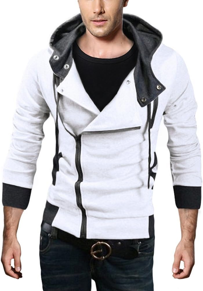 Pishon Men's Oblique Zipper Hoodie Casual Top Coat Plain Slim Fit Hooded Jackets