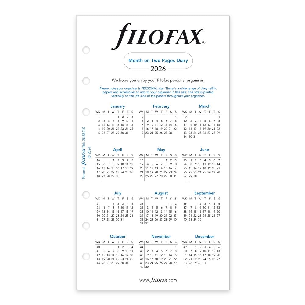 Filofax Kalender-Tagebuch-Nachfüllpackung, persönliche/kompakte Größe, Monatsansicht, weißes Papier, Englisch, 2026 (C68410-26)