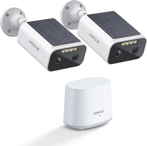 Cámaras de seguridad solar ANSQUE inalámbricas para exterior, kit de 2 cámaras, sistema de cámara de seguridad para el hogar 2K, batería de vida