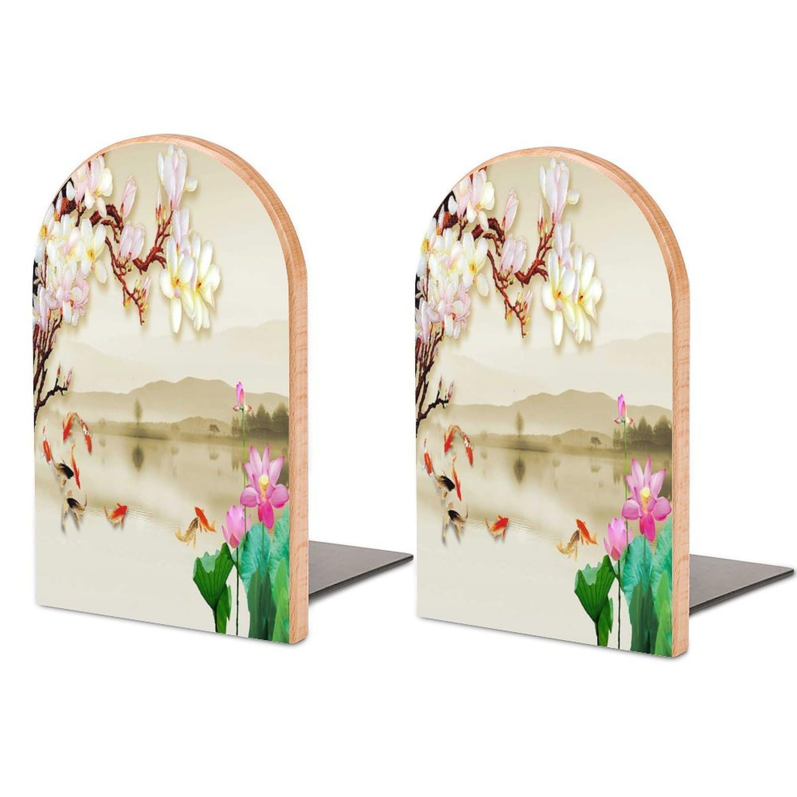 Zen Art Lotus Landscape Plum Goldfish Koi Beech Wood Bookends Heavy Duty Book Organizers Desktop File Holder for Office Home Bookshelf