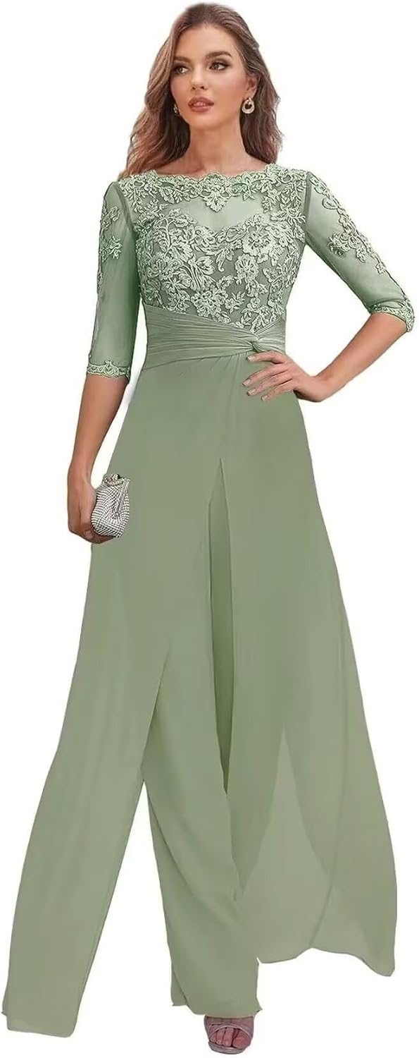 Lace Applique Mother of The Bride Pant Suits for Women Dressy 3/4 Sleeve Chiffon Formal Wedding Gust Outftis DP052