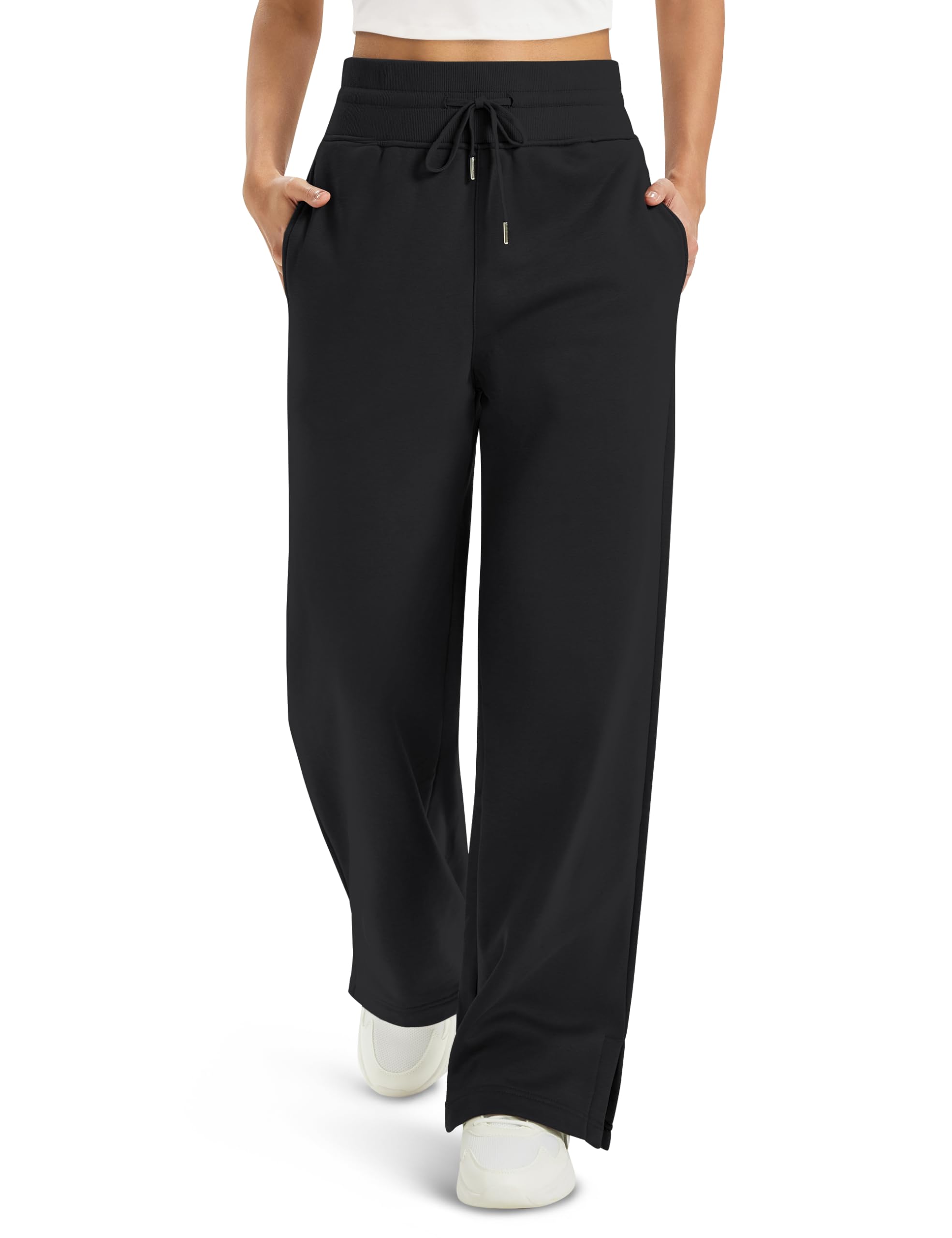 Women's Fleece Lined Sweatpants Wide Leg Warm Winter Cotton High Waisted Lounge Straight Leg Pants Pockets-image-10