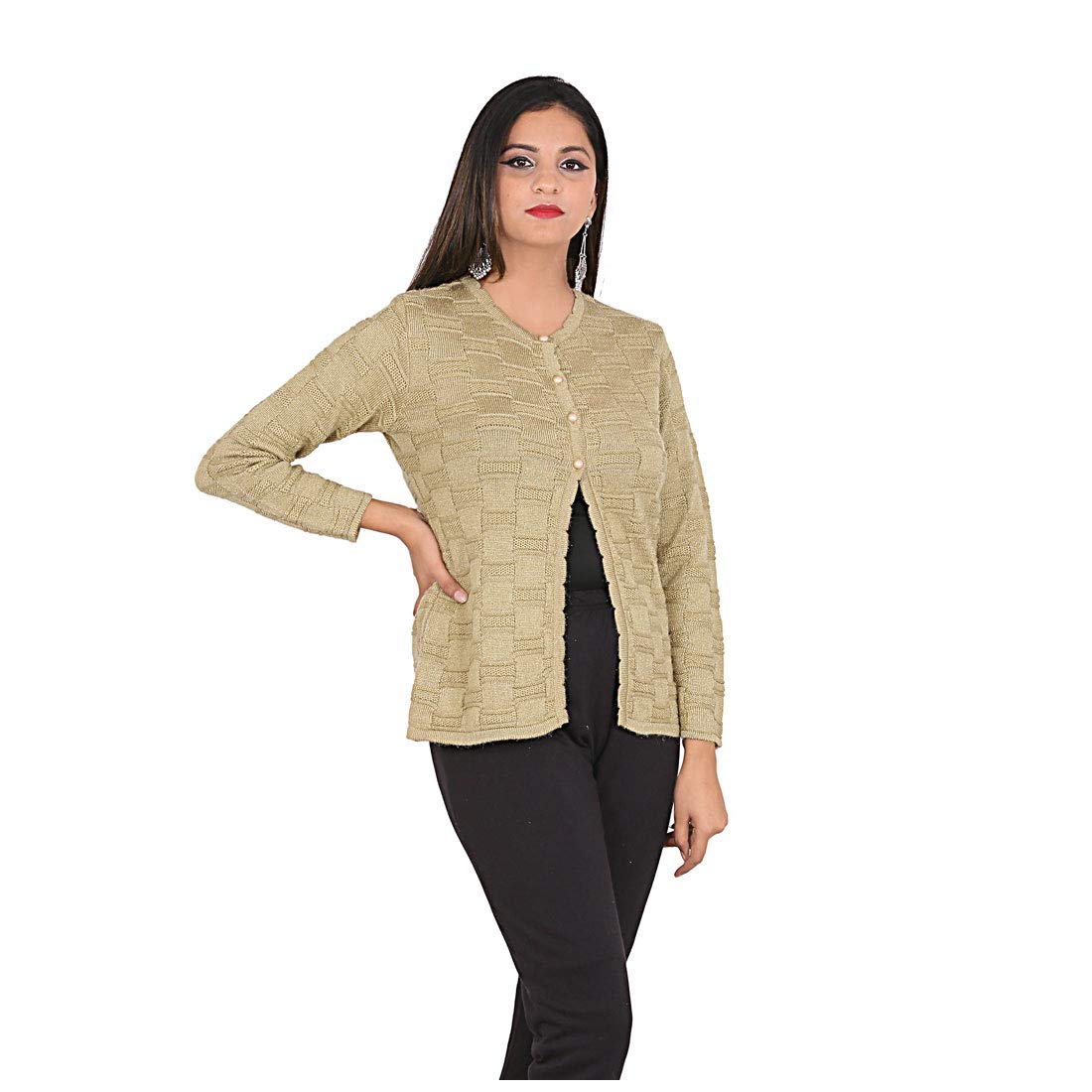 WoollyWomen's Woollen Full Sleeves Self Designing Short Cardigan Beige