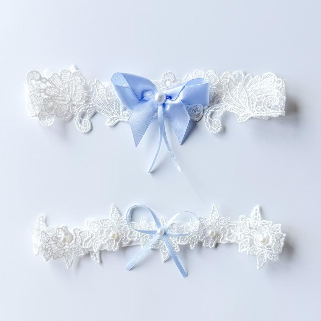 Garters for Bride Women, Blue Wedding Bridal Garters for Bride with Bow Pearl, Stretchy Bridal Thigh Garter Belt